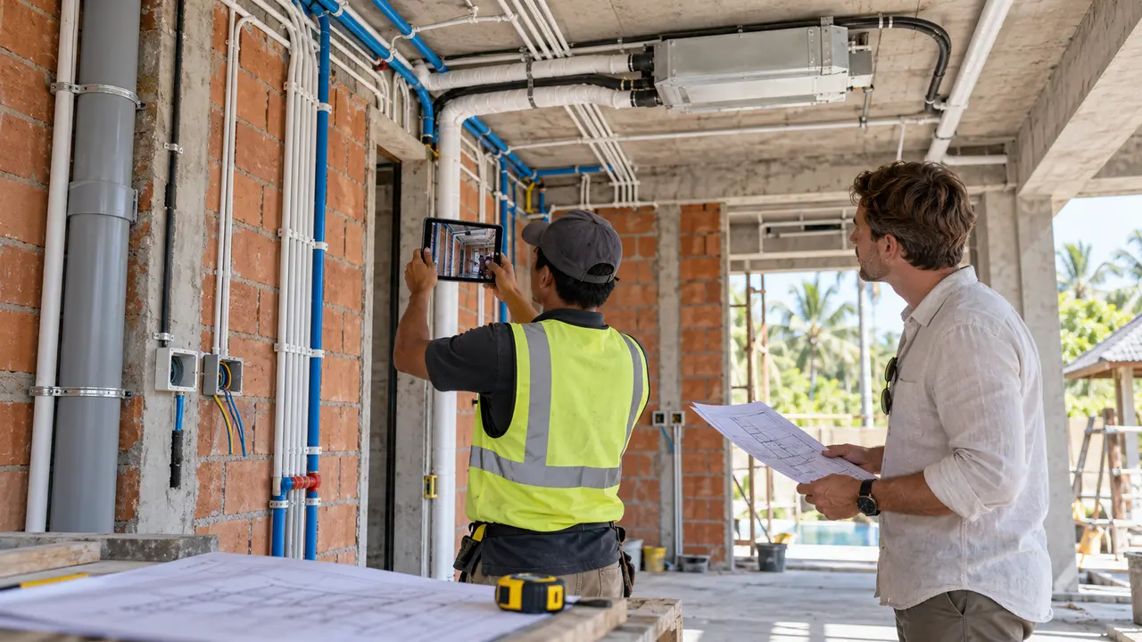 Balinese site supervisor photographing exposed pipes and electrical conduits while an Australian villa owner reviews plans on a Bali construction site