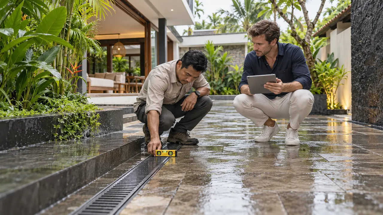 Building inspector checking a wet courtyard drain with a spirit level while an Australian buyer reviews a tablet at a Bali villa
