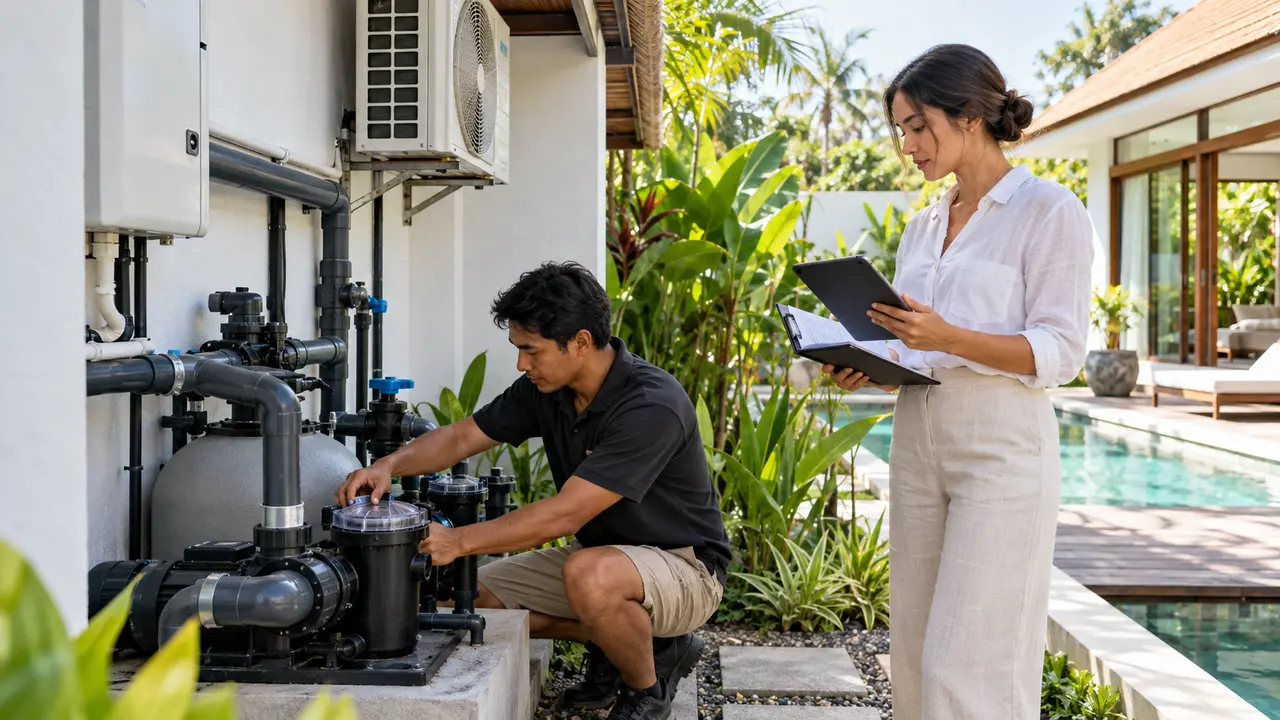Villa manager reviewing a maintenance record while a technician checks pool filtration and air-conditioning equipment at a Bali villa