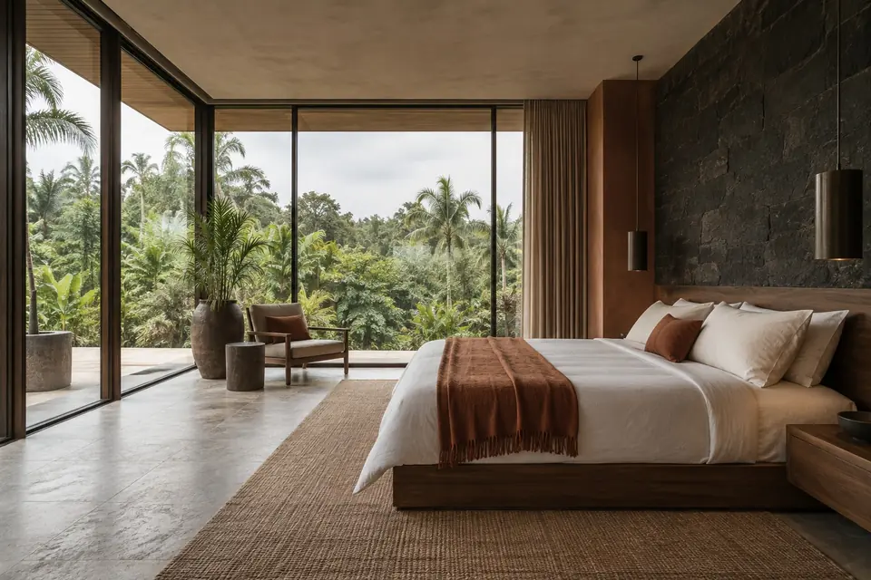Stone and wood villa bedroom