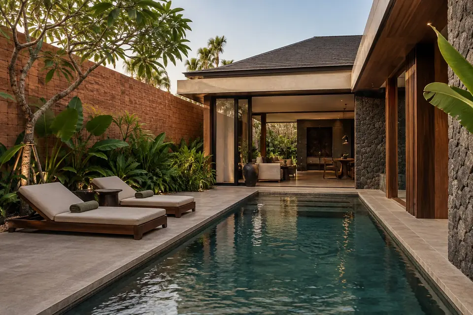 Stone and wood villa exterior with pool