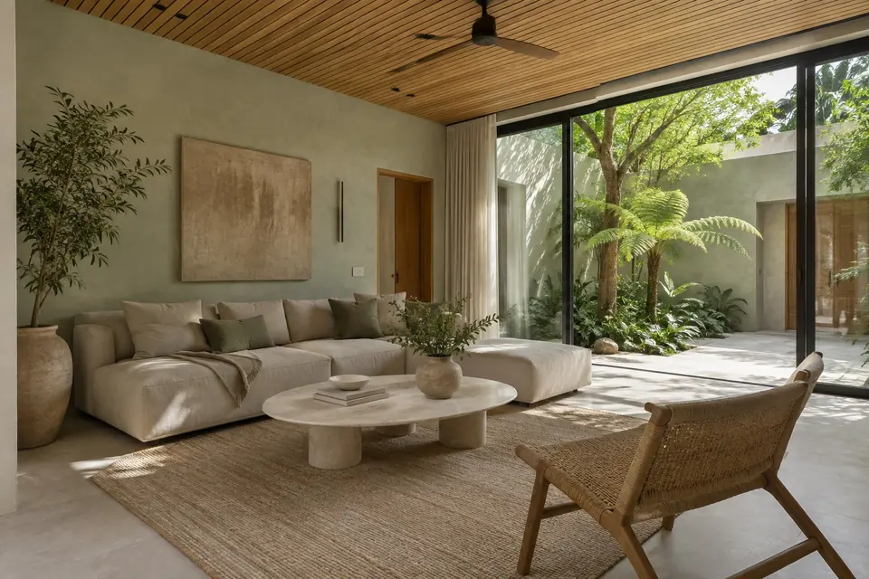 Open living room overlooking a tropical garden