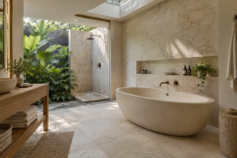 Open-air tropical villa bathroom