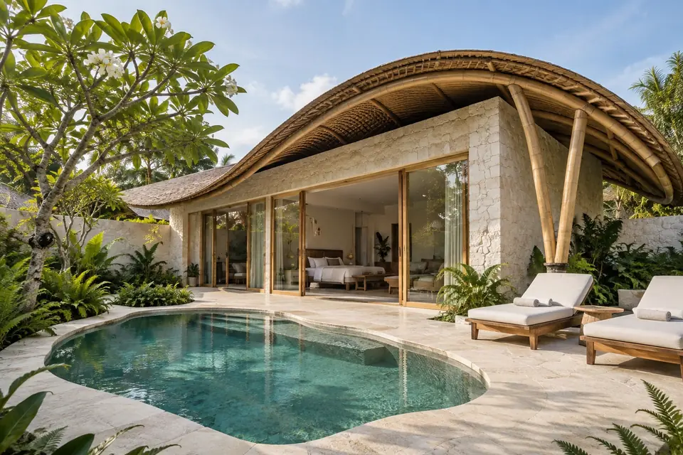 Tropical villa exterior and pool in Bali
