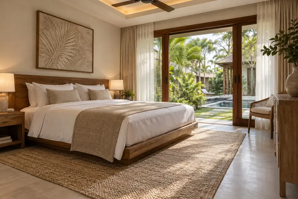 Tropical villa bedroom with garden view