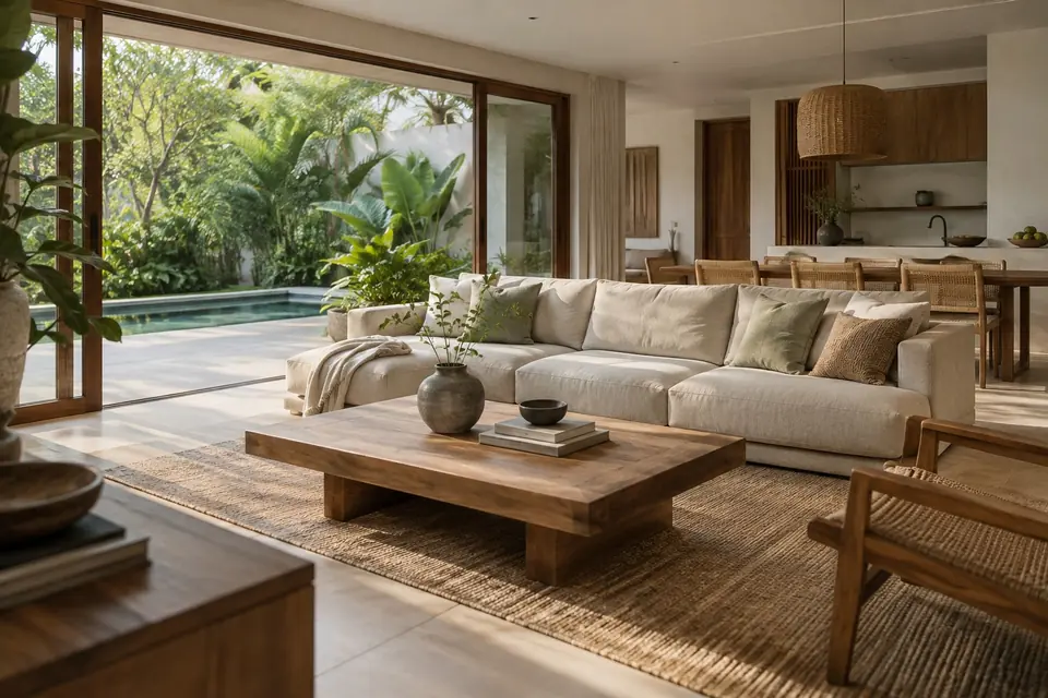 Open-plan tropical villa living room