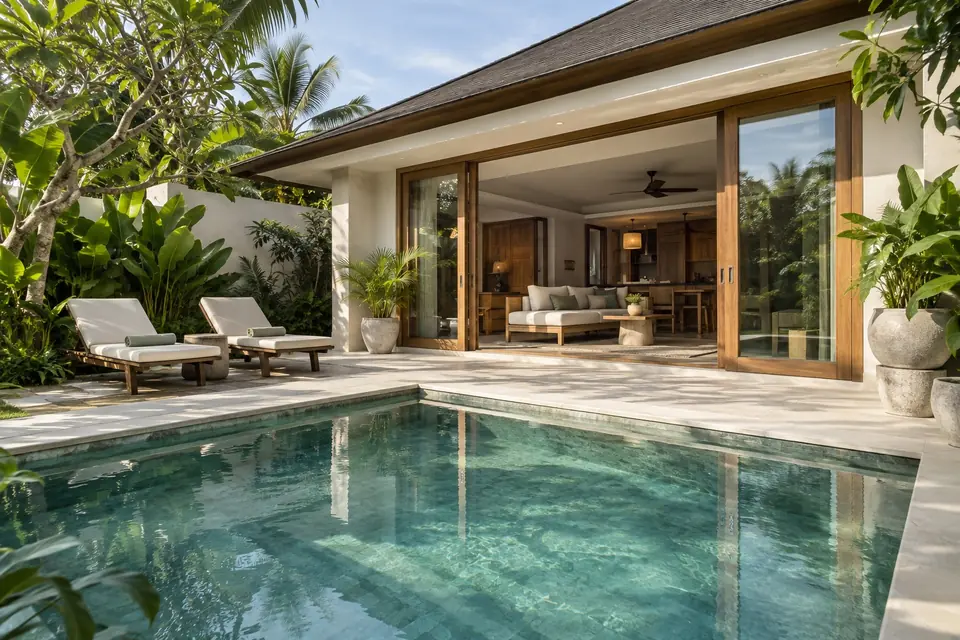 Tropical Bali villa facade and pool